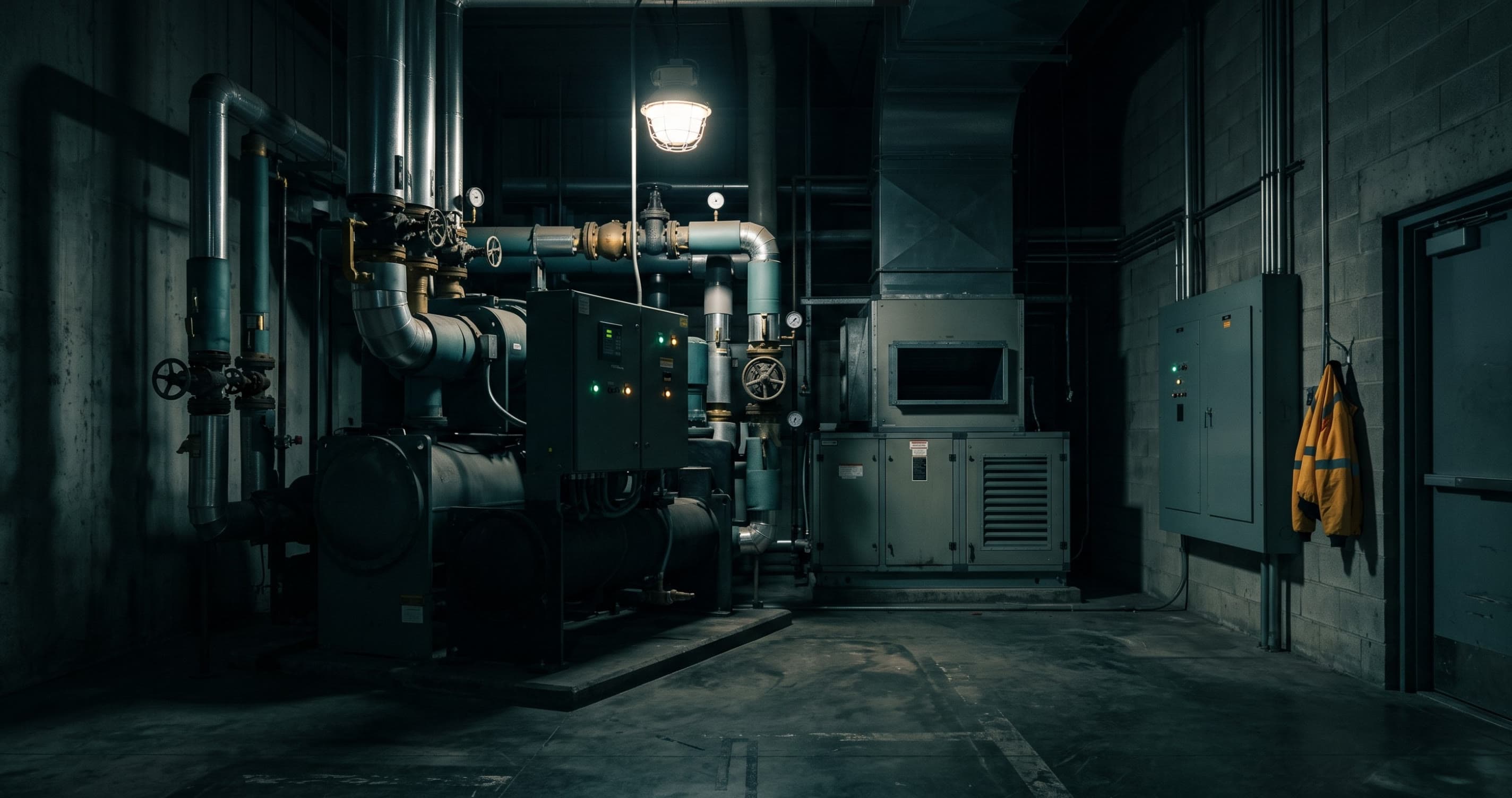 A dimly lit plant room: a chiller and insulated pipework under a single caged lamp, with switchboards and a hi-vis jacket on the far wall