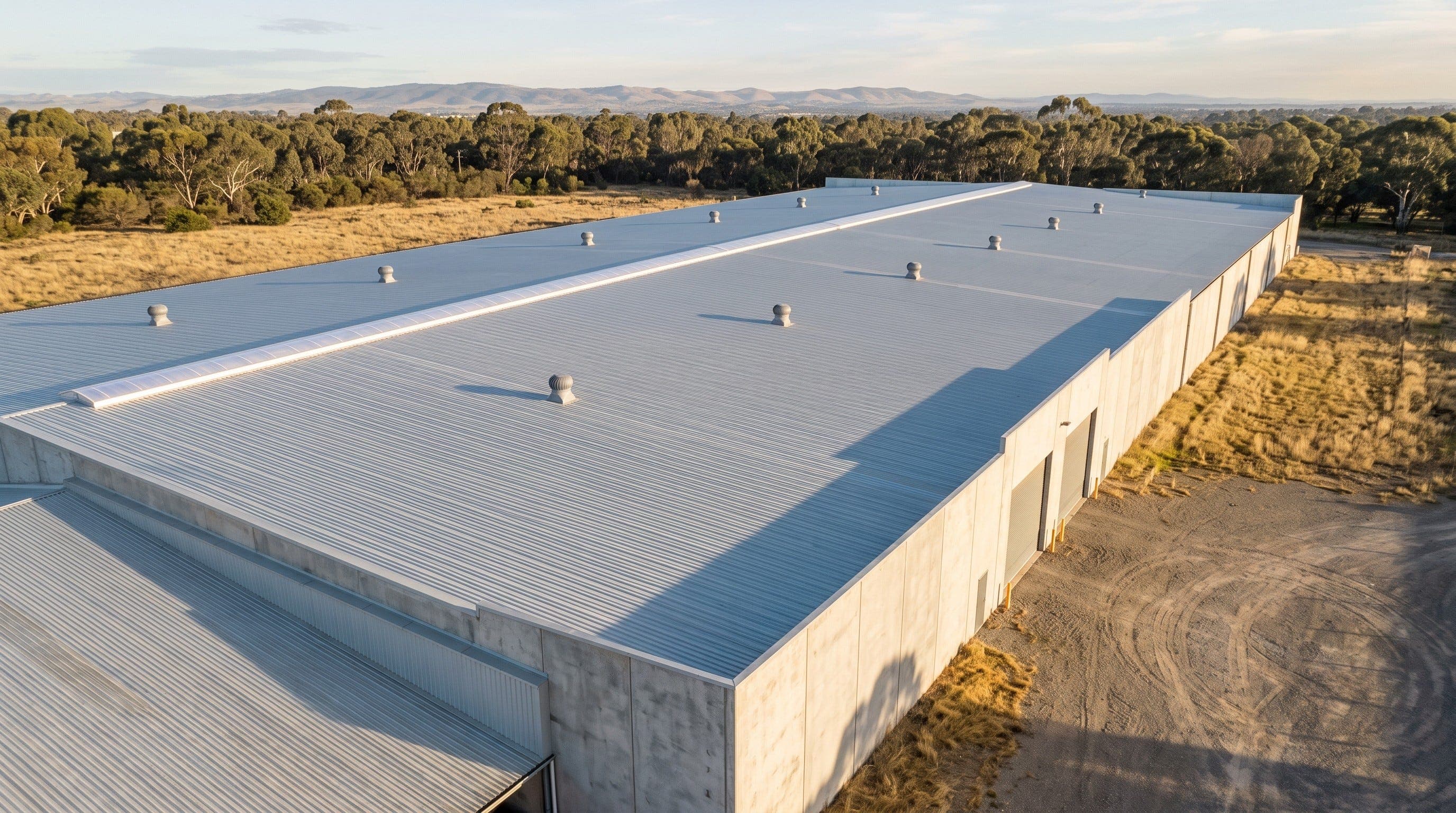 An aerial view of a large bare warehouse roof in afternoon sun, dotted with vents and no solar panels, ringed by dry grass and bushland