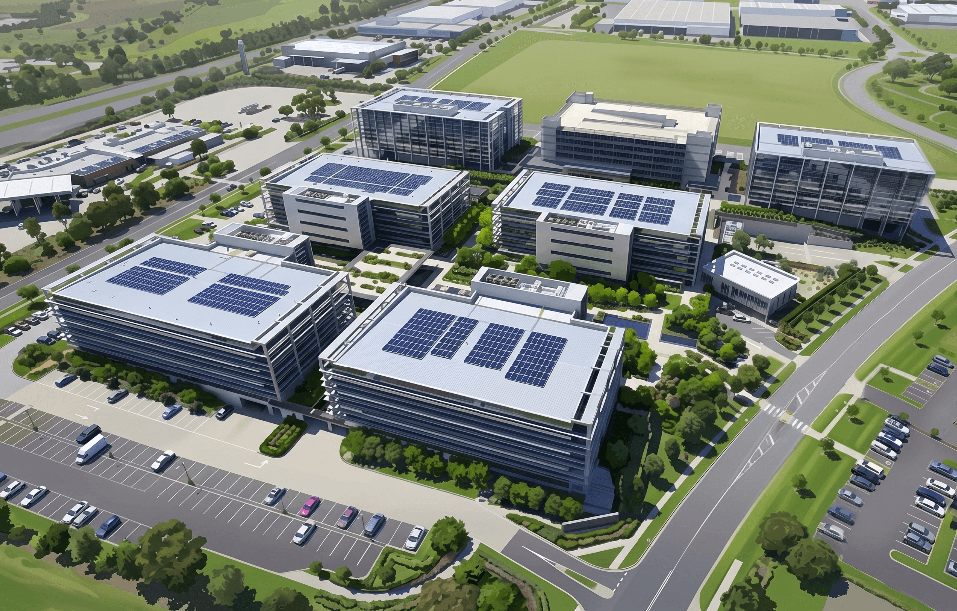 Aerial view of the Caribbean Park commercial precinct with rooftop solar across its six buildings
