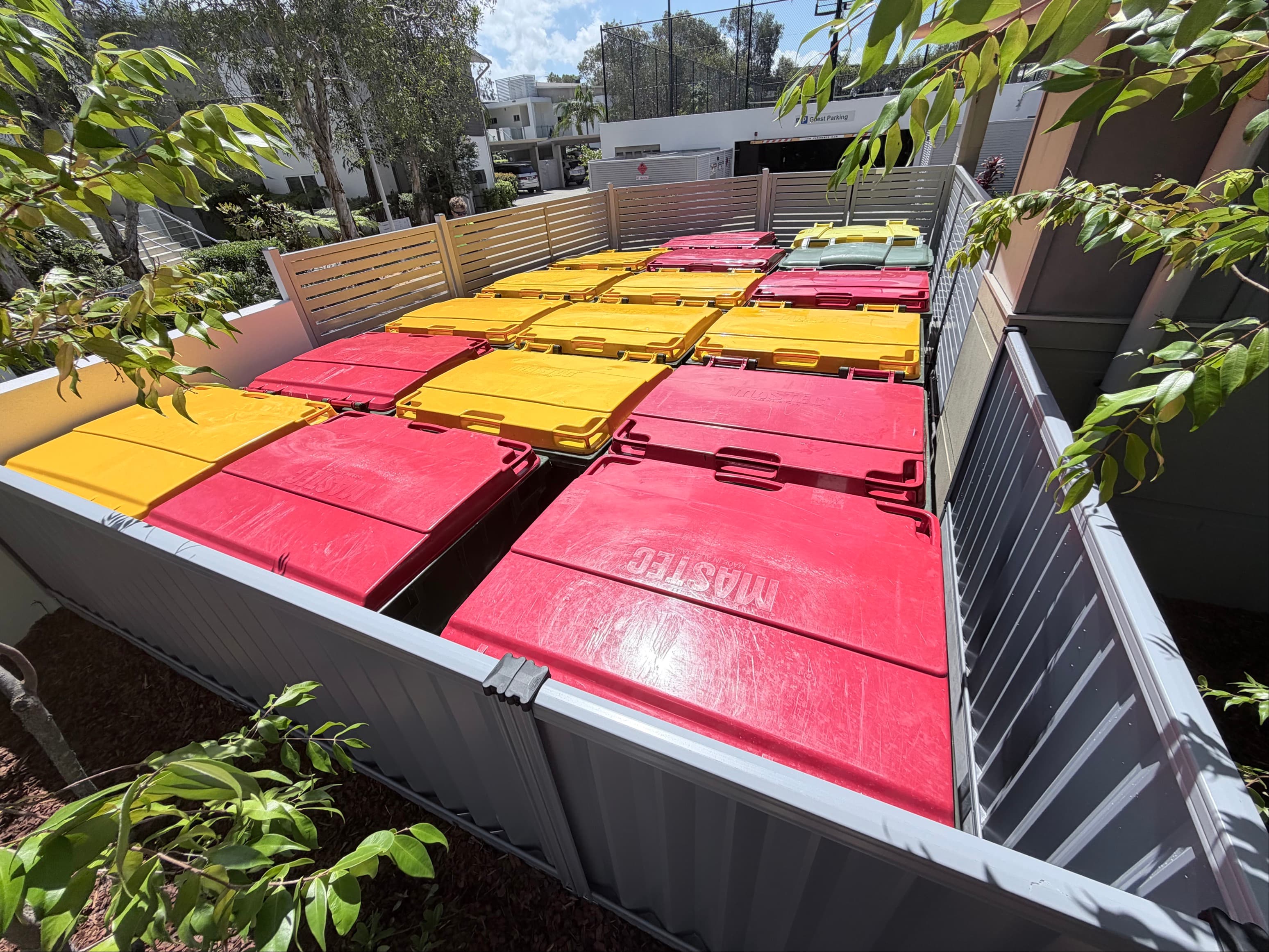 Aerial view of bins loaded into completed enclosure